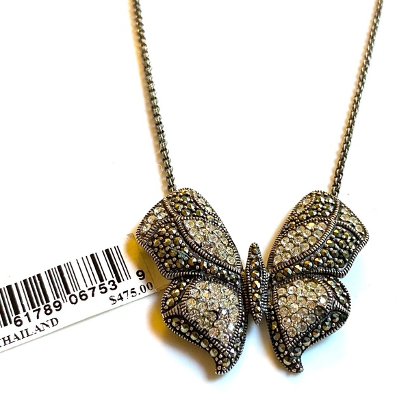 Sterling Silver Marcasite Butterfly Necklace With Crystal Accents - Picture 5 of 6